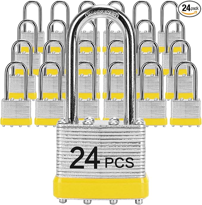 Padlocks with Same Key, LQYN 24 Pcs Laminated Keyed Padlock (1-9/16", 40mm), Keyed Alike Locks, Long Shackle, for Storage Locker, Hasp Latch, Toolbox, Sheds