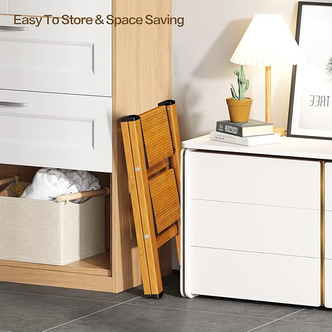 GameGem 2 Step Ladder, Aluminum Folding Step Stool with Anti-Slip Sturdy and Wide Pedal, Lightweight Portable Multi-Use Stepladder for Home and Kitchen Use Space Saving, Woodgrain, 330 lbs