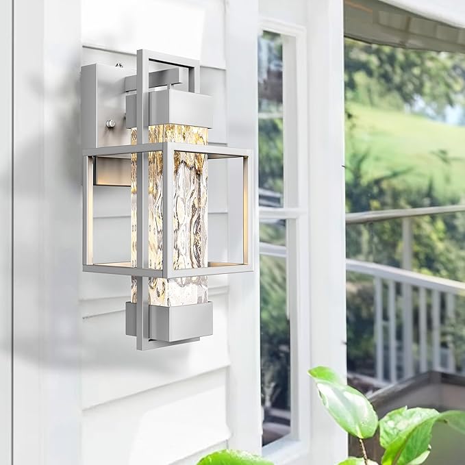 PARTPHONER Modern Outdoor Light Fixtures Dusk to Dawn Outdoor Lighting 2 Pack, 15" Exterior Wall Sconce Waterproof Outside Porch Light for House with Water Glass for Garage Doorway Silver