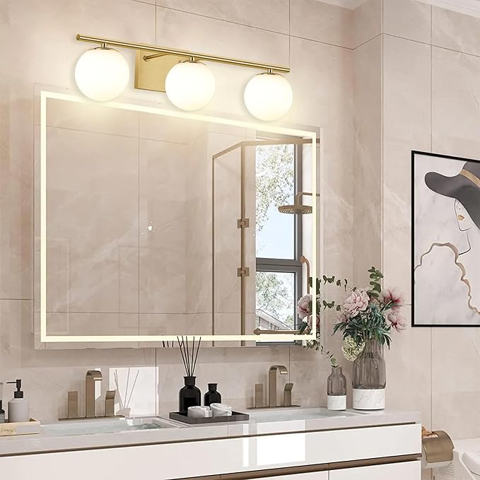 New Bathroom Vanity Light Fixtures 3 Lights Brushed Brass Glass Shade Modern Wall Bar Sconce Over Mirror