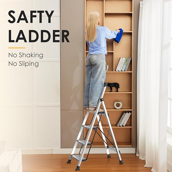 HBtower 4 Aluminum Step Ladder, Strudy Ladders for Home with Tool Tray, Anti-Slip Folding Step Stool for Adults, Light Weight Portable 330lbs Safety for Kitchen Warehouse Outdoor Work