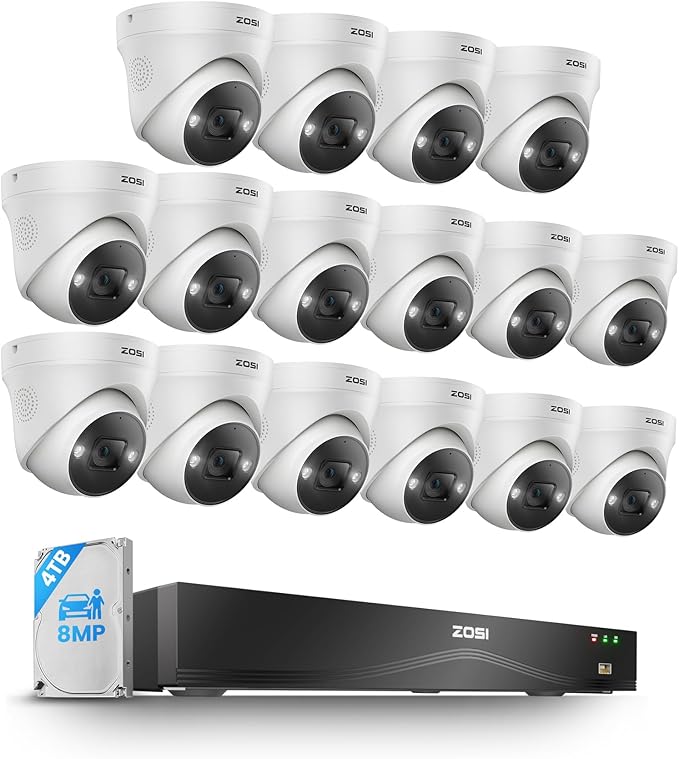 ZOSI 32CH 4K PoE Security Camera System,16pcs 8MP Dome Cameras,Person Vehicle Detection,Two-Way Talk,Spotlight Color Night Vision,16Port 32Channel NVR with 4TB HDD,24/7 Recording for Home/Business