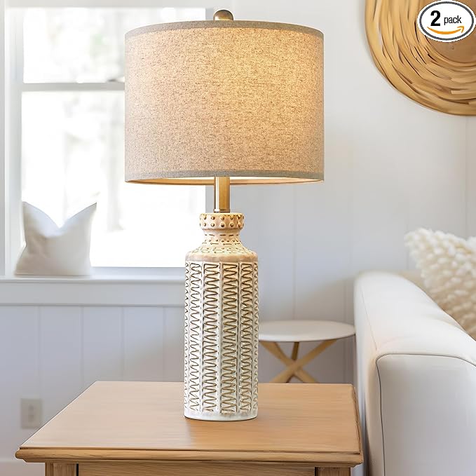 24.75'' Farmhouse Cream-White Ceramic Single Table Lamp for Bedroom Living Room Vintage Traditional Rustic Modern Nightstand Bedside Lamps