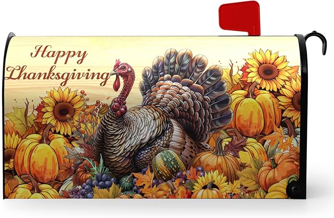 Happy Thanksgiving Turkey Mailbox Covers Magnetic Standard Size 21 x 18 Inch Fall Sunflower Pumpkin Mailbox Cover Wrap Thanksgiving Letter Box Post Cover Outdoor Decorations for Garden Yard