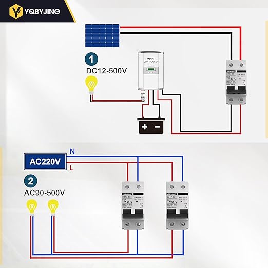 DC Circuit Breaker 50 Amp Solar Panel Disconnect Switch 12V-500V 2 Poles Miniature Solar Circuit Breaker for Outdoor PV Homes Battery, AC 110V DIN Rail MCB