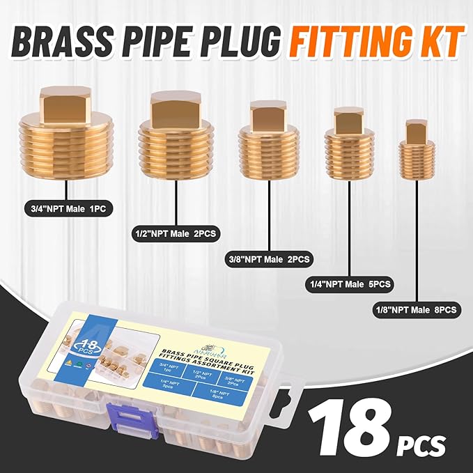 18PCS Brass Pipe Fitting,1/8" 1/4" 3/8" 1/2" 3/4" NPT Male Square Head Plug Brass Cored Plugs Fittings for Boat,Gas,Drain Plug
