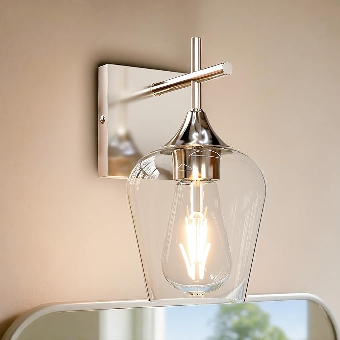 Vanity Bathroom Light, 1-Light Bathroom Light Fixtures Over Mirror, Silver Vanity Lights for Bathroom with Clear Glass, Modern Wall Lamp for Cabinet Hallway, Bedroom