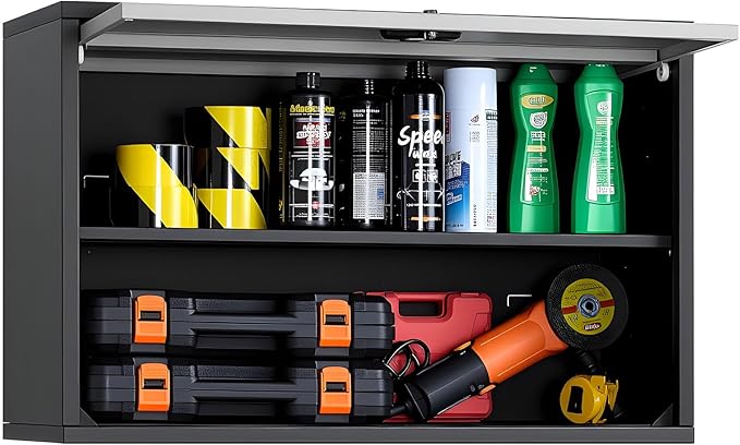 VEVOR Metal Wall Cabinet, 27.56W x 12.01D x 19.69H Inch, Floating Garage Tool Cabinet with Up-Flip Door and Shelf, 240 lbs Load Capacity, Fit for Garage, Basement, Kitchen, Warehouse Assembly Required