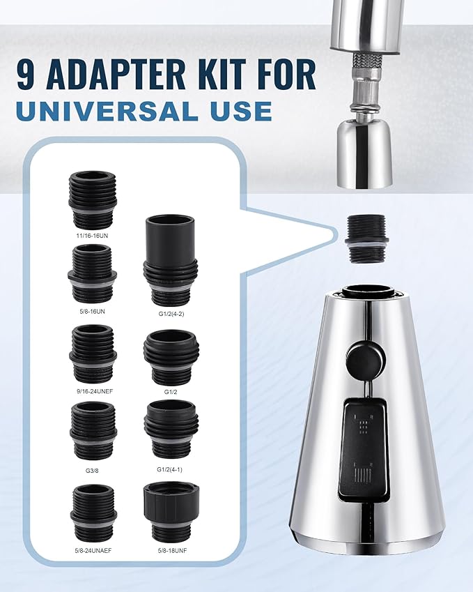 ALEASHA Pull Down Spray Head for Kitchen Faucet,3-Function Sink Spray Nozzle with 9 Adapters,Kitchen Faucet Head Replacement Compatible with American Standard Faucets,Chrome