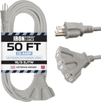 Iron Forge Cable 50 ft Gray Outdoor Extension Cord with Multiple Outlets, 16/3 SJTW 50 Foot Grey Outdoor & Indoor Extension Cord with 3 Outlets, 3 Prong, Weatherproof 13 Amp Heavy Duty Power Cable