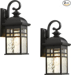 Outdoor Light Fixtures Black Aluminum Outside Wall Lantern with Water Ripple Glass Waterproof Wall Sconce Porch Lights for Patio Doorway 2-Pack E26 Socket