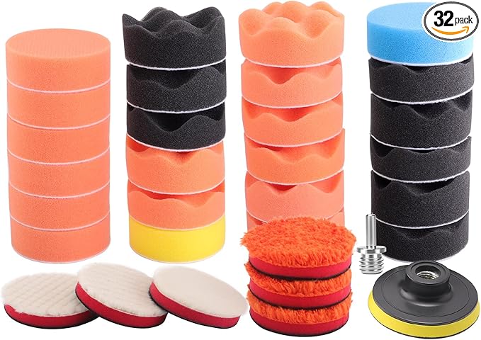 Drill Polishing Kit for Car, 3''(80mm) 32Pcs Car Foam Buffing Pads, Wool Pads Drill Buffing Pad, Wax Buffer Polisher Attachment with 5/8-11 Thread Backing pad & Adapters