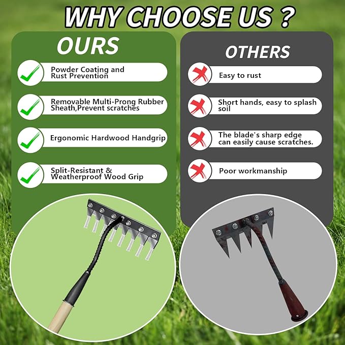 Upgraded Weed Puller Tool, Rust-Proof Manual Weed rake (cultivates Soil with Wooden Handle), 8-Tine Manganese Steel Iron rake for Gardening/Weeding, Gardinia uprooting Tool