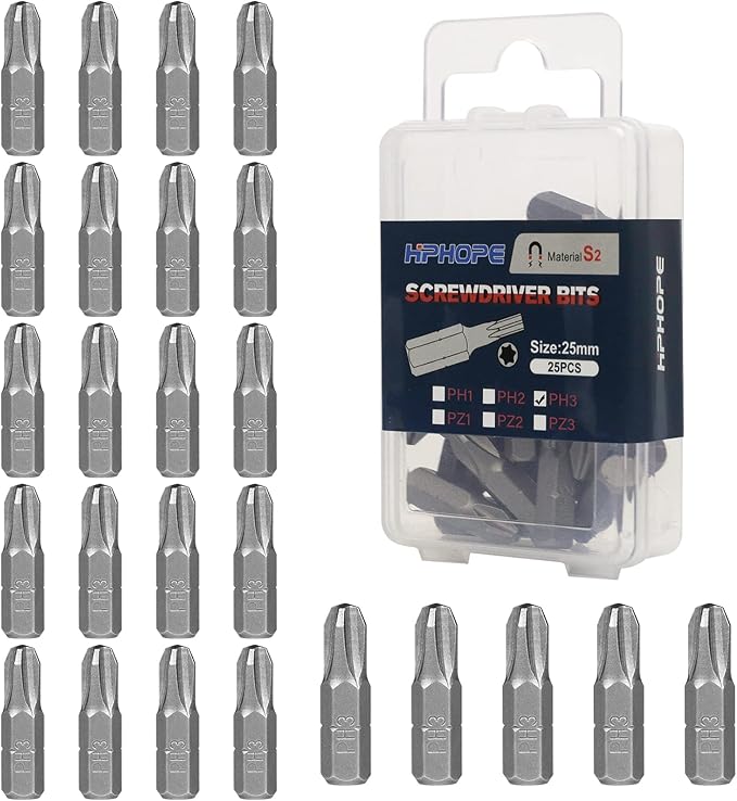 HPHOPE PH3 Screwdriver Bit Set, Phillips #3 Bits 1/4" Hexagon Bit (Length: 1", 25 Pack)