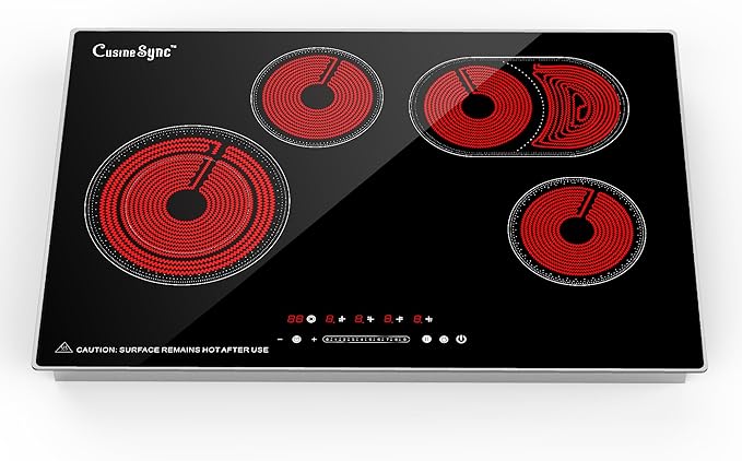 30 Inch Electric Cooktop 4 Burner 7400W Ceramic Stove, Built-in Electric Stove Top with Full Metal Frame Protection, Timer, Safety Lock, Pause, Dual Ring, 220V Hard Wired