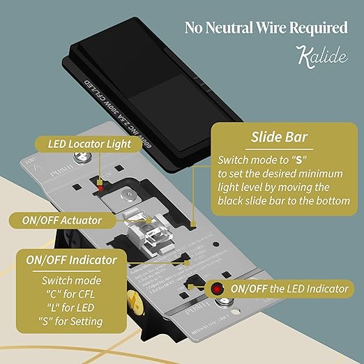 TOPGREENER Kalide Dimmer Light Switch, LED Dimmer Switch, Full Range Dimming, Single Pole/3-Way, 120VAC, 60Hz, 300W LED/CFL, Neutral Wire Not Required, Wall Plate Included, Black