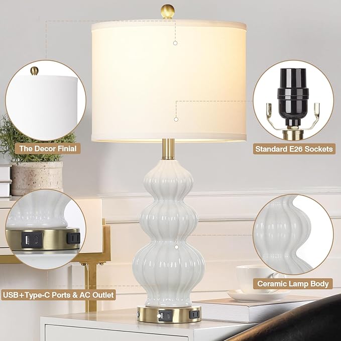 Triple Gourd Ceramic Table Lamps Set of 2, Modern White Bedside Lamps with USB A+C Ports & AC Outlet, 3 Way Touch Control Contemporary Nightstand Lamps for Bedroom Living Room