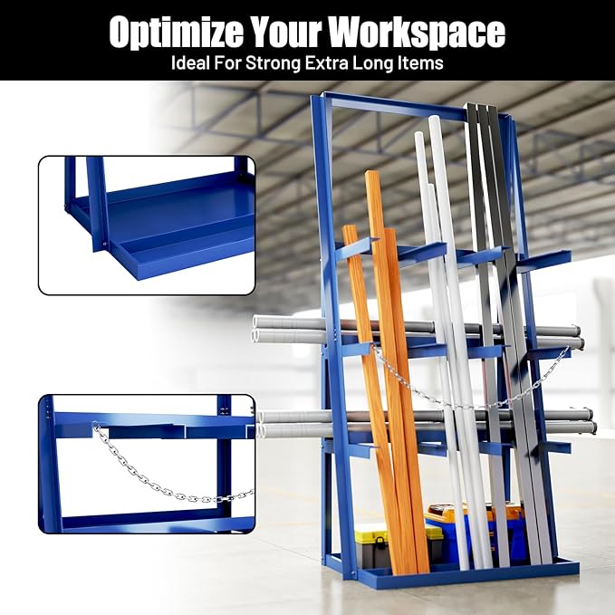 Vertical Bar Rack, 3000 LB Capacity, Steel Bays Long Parts Storage Rack, Lumber and Metal Garage Organizer, Heavy Duty Pipe Organizer Shelf With Chain for Garage Basement Pantry