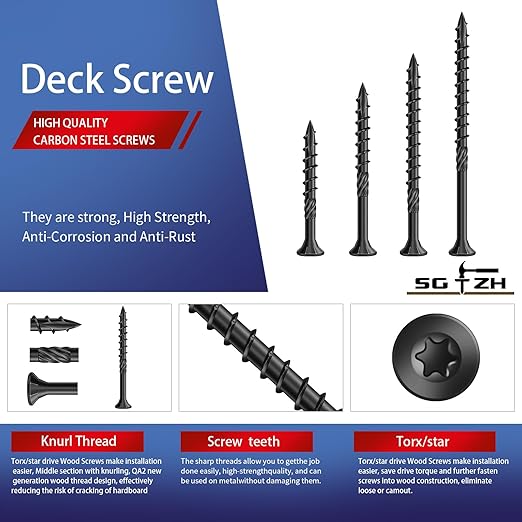 #14 x 8 Inch Deck Screws (38Pcs) 2lb. Carbon Steel, Black, Flat Head, Rust Resistant epoxy Coated, with T30 Star Bit