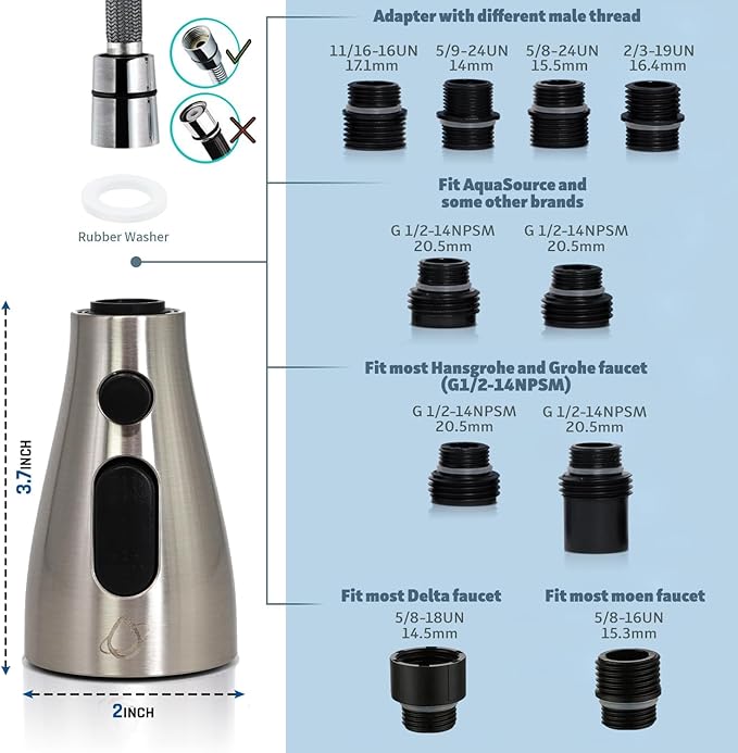 Kitchen Faucet Head Replacement – Pull-Down Sprayer for Moen, Delta| 3-Mode Sink Faucet Spray Head with 9 Adapters, Brushed Nickel, Kitchen Sink Sprayer Replacement.