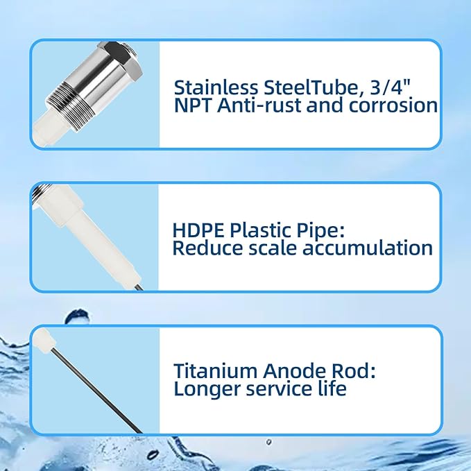 Powered Anode Rod for Water Heater Gallon Tank, Electrical Anode Rod, Eliminates Rotten Egg (60-120 gallon tank)