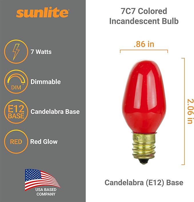 Sunlite 01058 7C7 Incandescent Bulb, 7 Watt, Candelabra E12 Base, C7 Small Night Light, Colored Bulb, Red, 12 Count