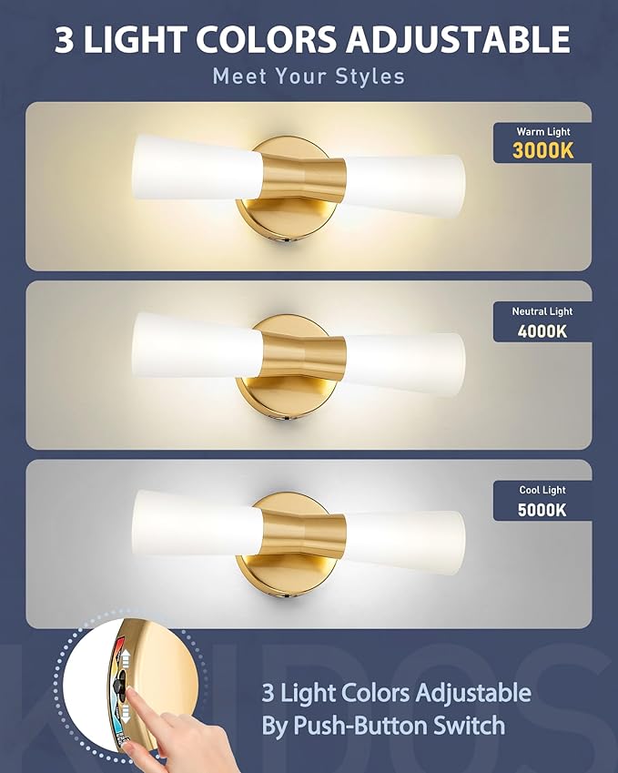 kudos Wall Sconces 16inches Gold Vanity Light Fixtures, Modern Sconces Wall Lighting with Milk White Glass, Dimmerable 3000K/4000K/5000K for Bathroom Bedroom, KDVL13-GD