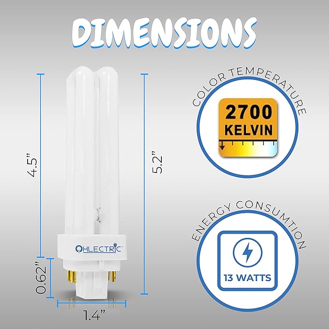 OHLECTRIC 13W Fluorescent Lamp with End-of-Life Protection - G24q-1 Base - Double Tube CFL Lamp - 12000 Hours Average Rated Life - 2700K - Pack of 4 - OL-41882
