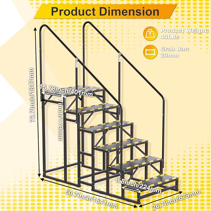 RV Steps with Handrail, Hot Tub Steps with Handrail, Portable Stairs Steps for 5th Wheel RV, Mobile Home Stairs Outdoor RV Step (6 Steps with 2 Handrails)