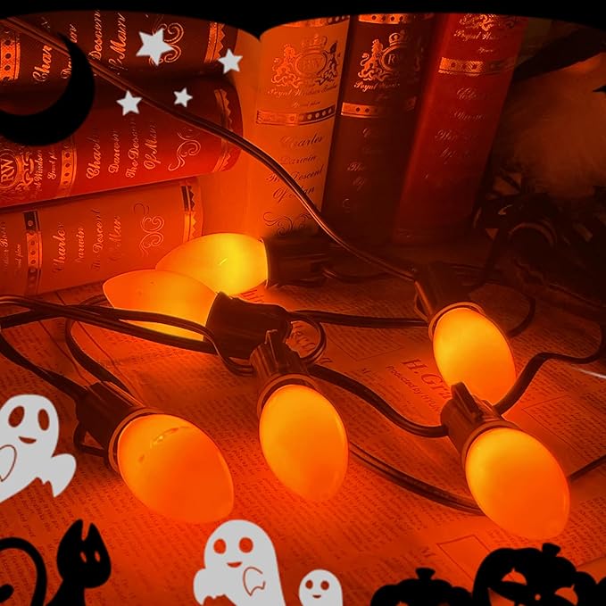 Abeja 25 Pack C9 Halloween Replacement Light Bulbs, Orange Ceramic Christmas Lights for Halloween Outdoor Patio Indoor Xmas String Lights, C9/E12 Candelabra Base, 7 Watt, Orange
