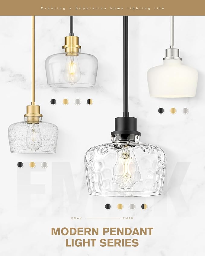 Emak Brushed Nickel Pendant Light Fixtures, 8 Inch Hammered Glass Pendant Lights Kitchen Island, Modern Hanging Light Fixture for Kitchen,Dining Room, Bathroom, PL122-BN-HG