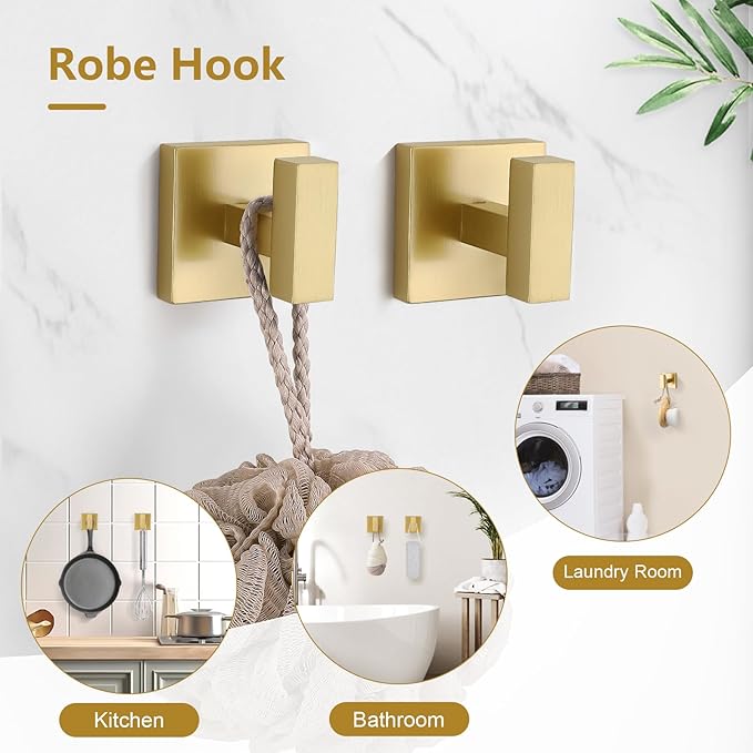 TQKAG 5-Pieces Brushed Gold Bathroom Hardware Accessories Set 23.6" SUS304 Stainless Steel Towel Bar Set Wall Mounted Square Toilet Paper Holder with Shelf