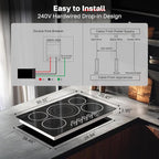 ThermoMate 30 Inch Electric Cooktop, 5 Burners Knob Control Built-in Ceramic Cooktop, 30" Radiant Electric Stove Top of 9000W with 9 Heat Levels, Hot Surface Indicator, 220-240v, Hard Wired