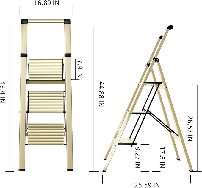 3 Step Ladder,Folding Step Stool with Aluminum Wide Pedal& Convenient Handgrip,330lbs Capacity Steel Ladder for Household and Office(Gold)