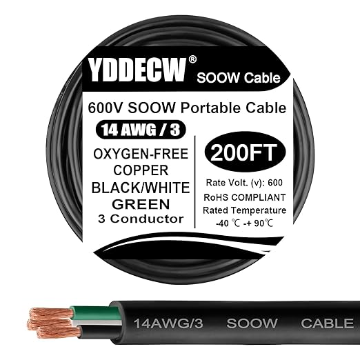 200ft 14/3 14 AWG Portable Power Cable (3 Conductor) - SOOW 600V 14 Gauge Electric Wire for Motor Leads, Portable Lights, Battery Chargers and Machinery - 3 Conductor - 200 Feet Electrical Cord