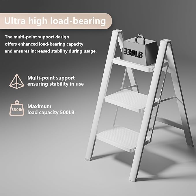White Step Ladder White 3 Step Folding, Sturdy 330 Lbs Small Step Stool for Adults, Closet Step Stool Ladder with Anti-Slip Wide Pedals, Portable Folding Ladder for Home Kitchen Office