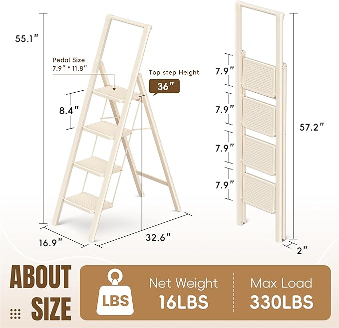 GameGem 4 Step Ladder Folding Step Stool, Foldable Ladder with Ergonomic Heightened Top Grip, Tall Step Ladder with Widened Anti-Slip Pedal for Closet, 330Lbs Load, Fold Thin and Tight, Cream White