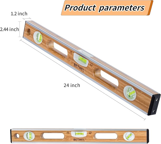 BETHEL Bamboo Level, 24 Inch Level & Tool Solid Block Acrylic Vials, Resists Mortar Adhesion, for Masonry Application and General Leveling (Light)
