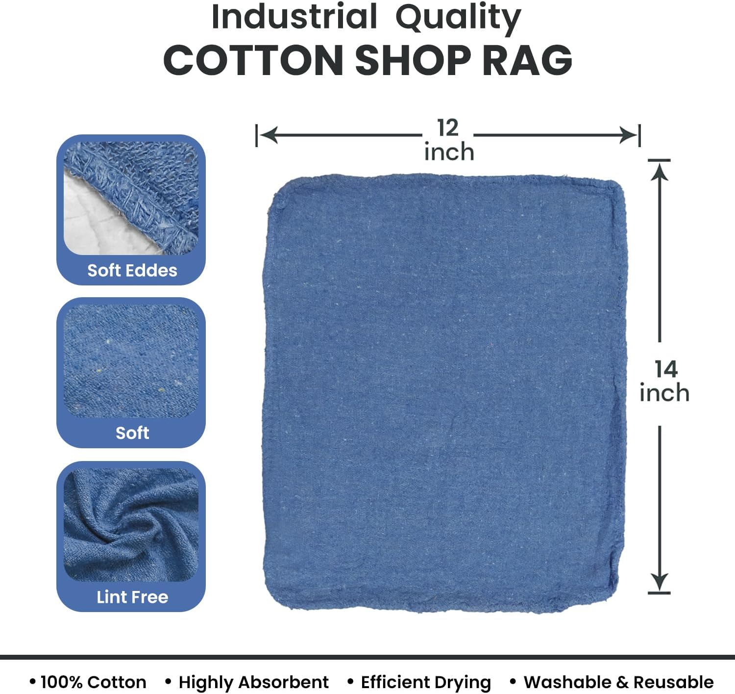 REED & PICK Cotton Shop Towels Blue – (Pack of 150) Size 14x14 Inches Cleaning Rags – Absorbent Shop Rags and Multipurpose Cleaning Towels for Automobiles, Industries, Garage and Homes