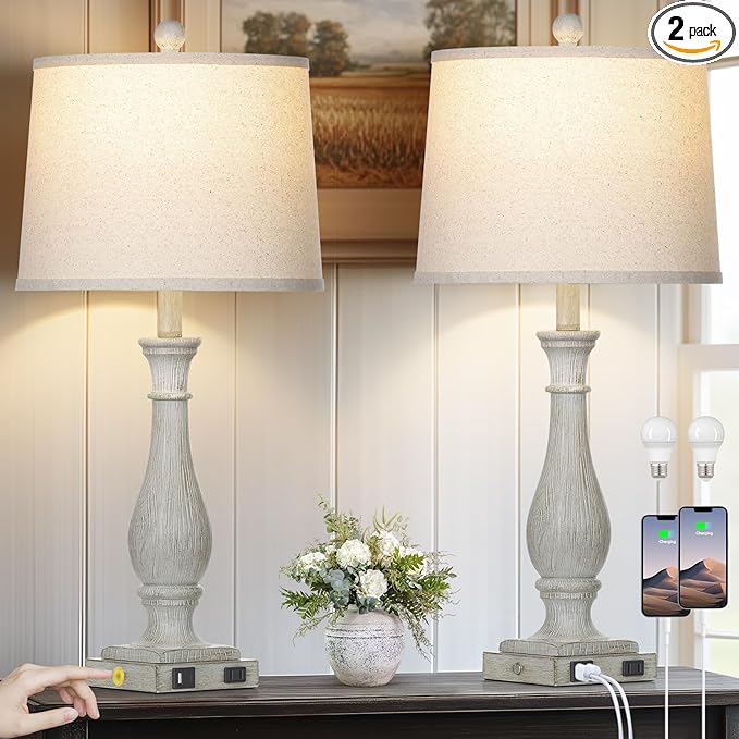 27.5" Farmhouse Table Lamps Set of 2 with USB C+A Ports & AC Outlet for Vintage Living Room Retro Bedroom, 3-Way Dimmable Touch Lamps Resin Bedside Lamps for Nightstand Side End Table, Grey