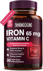 Iron Supplement for Women Men | High Potency Iron 65mg with Vitamin C 250mg | Stomach Friendly Iron Pills for Red Blood Cell & Immune Support | Vegan, Non-GMO & Gluten Free | 30 Tabs