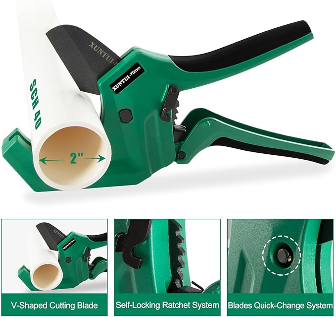 Ratcheting PVC Pipe Cutter- for up to 3-inch OD(Sch 40/80 Pipe) | SKD5 Steel Blade | Professional Plumbing Tool for DIY, Gardening，Plumber(Dark Green,75MM)
