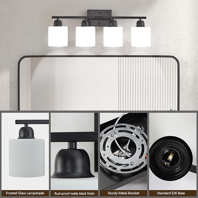 Bathroom Light Fixtures, 4-Light Modern Vanity Light with Milky White Frosted Glass Shades, E26 Socket Wall Lamp, Bathroom Lighting Fixtures Over Mirror Bedroom, Dressing Room (Matte Black, 4-Light)