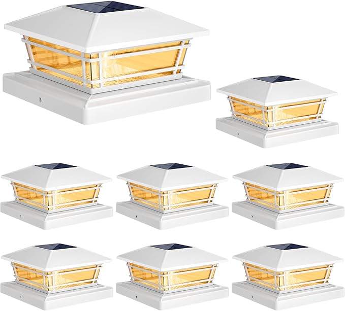 Solar Post Cap Lights Outdoor 8Pack [LED Bulb, 2 Brightness Setting] Fence Post Solar Lights Waterproof for 4x4 5x5 or 5.5x5.5 Wood Posts, Warm Bright Bulb Lighting for Garden Deck Yard White