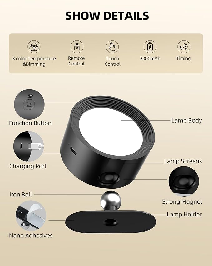 LED Wall Mounted Lights, Rechargeable Wall Sconces Lamp, 3 Color Temps & Remote and Touch, 360°Rotation Dimmable Cordless Wall Light for Study Bedroom Reading Bedside(Black, 1 Pack)