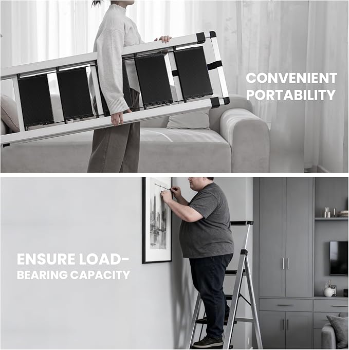 XinSunho 5 Step Ladder, Aluminum Folding Stool with Retractable Handrails & Tool Tray, Anti-Slip, Sturdy Lightweight, 330lbs Safety for Kitchen Indoor Outdoor