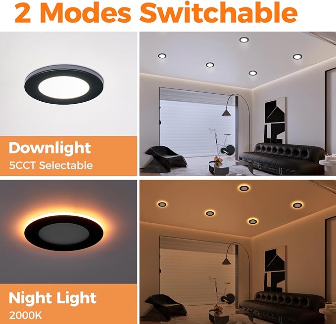 48 Pack 4 Inch Led Recessed Lights with Night Light, Canless Ultra Thin Wafer Soffit Recessed Lighting Downlight, Dimmable & 5 Color Temperature Selectable, 9W, ETL, Black