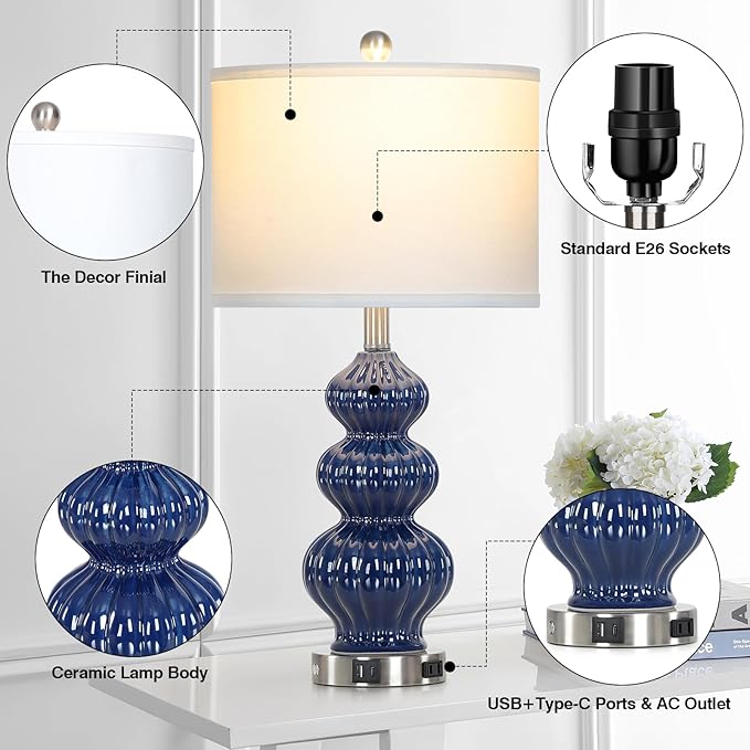Triple Gourd Ceramic Table Lamps Set of 2, Modern Blue Bedside Lamps with USB A+C Ports & AC Outlet, 3 Way Touch Control Contemporary Nightstand Lamps for Bedroom Living Room