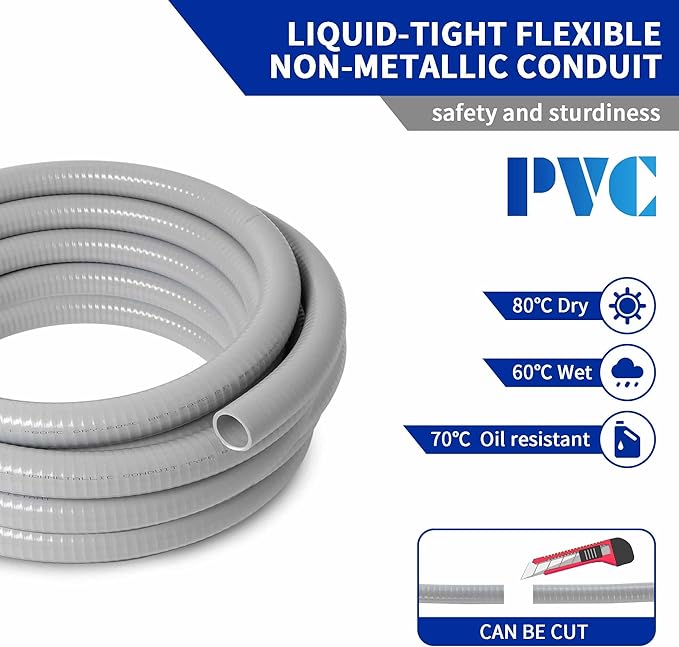 (1 inch Dia * 50 Feet) Yariwiz Flexible Electrical Conduit Liquid Tight PVC Conduit Kit with 5 PCS Coupling, 3 PCS Elbow and 10 PCS Strap, Sealtight Seal Flex Liquidtight Outdoor Non Metallic Grey