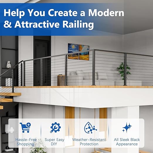 2Pack 36" T304 L-drilled Cable Railing Corner Posts(35"x2"x2") with Cable Grommets, 90° Drilled Fixed Top Mount Heavy Duty Stainless Steel Black Finish for Deck Patio Wooden Concrete Floor